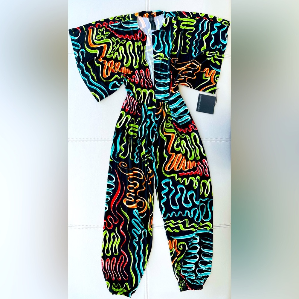 NWT! Norma Kamali Rectangle Jog Jumpsuit in Multi Squiggle Print Size XXS/32